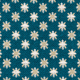 Outdoorstof Elitis Sebino OD 115-45 met een patroon van beige en witte stervormige motieven op een turquoise achtergrond.