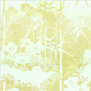 Lichtgele behangprint "Soleil Levant – La Montagne Sacrée" met gestileerde bloemen en bamboe in Japanse stijl.