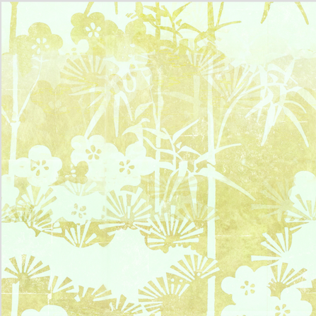 Lichtgele behangprint "Soleil Levant – La Montagne Sacrée" met gestileerde bloemen en bamboe in Japanse stijl.