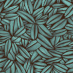 Bladpatroon van Elitis Succulente TP 301-03 met gestileerde blauwgroene blaadjes op een donkere achtergrond.