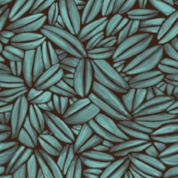 Bladpatroon van Elitis Succulente TP 301-03 met gestileerde blauwgroene blaadjes op een donkere achtergrond.