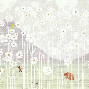 Illustratieve scène met witte bloemen, een kikker, libellen en een vogel in een gestileerd waterlandschap, gebaseerd op het Elitis-TP-280-01 ontwerp.