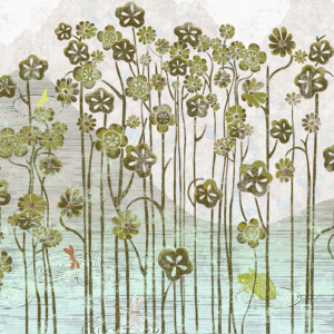 Illustratieve afbeelding van het Elitis-TP-280-02 behang met gestileerde groene bloemen, waterplanten en dieren in een sierlijk waterlandschap.