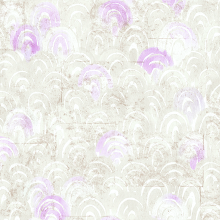 Decoratief Elitis-TP-281-01 behangpatroon met abstracte, paarse en witte boogvormige penseelstreken op een beige achtergrond.