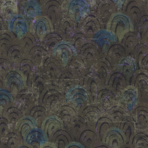 Abstract patroon van overlappende, boogvormige motieven in donkere tinten met accenten van blauw, groen en paars, uit het Elitis-TP-281-04 ontwerp.