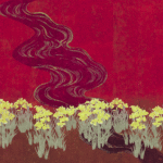 Gestileerde afbeelding van een kronkelende stroom tussen gele bloemen tegen een dieprode achtergrond, uit het Elitis-TP-283-02 ontwerp.