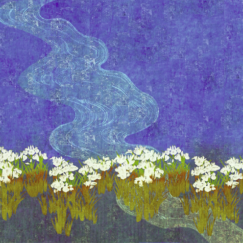 Stijlvolle kunstprint Elitis TP 283 03 met witte bloemen langs een sierlijk stromende rivier op een paarse achtergrond.