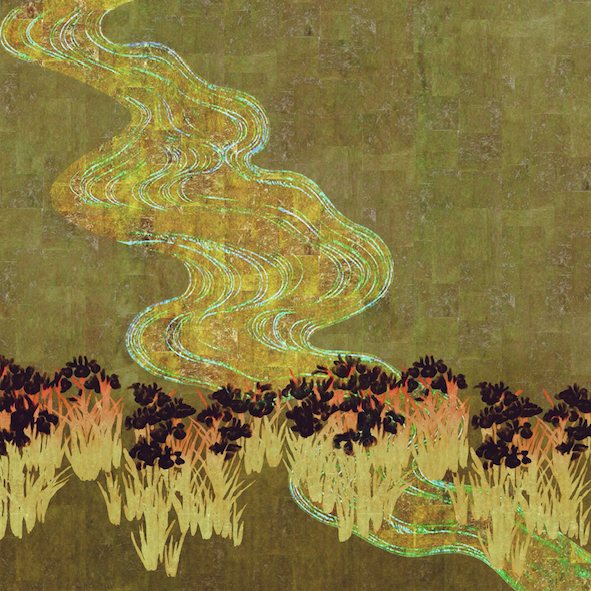 Gestileerd kunstwerk met een kronkelende gouden rivier omgeven door donkerpaarse bloemen en goudgeel gras op een groene achtergrond.
