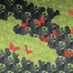 Rode vlinders vliegen over een abstract patroon van zwarte bloemen op een groen getextureerde achtergrond.