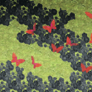 Rode vlinders vliegen over een abstract patroon van zwarte bloemen op een groen getextureerde achtergrond.