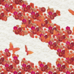 Decoratief Elitis-TP-284-03 patroon met oranje vlinders en rode bloemen tegen een lichte achtergrond.