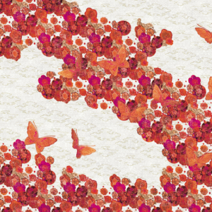 Decoratief Elitis-TP-284-03 patroon met oranje vlinders en rode bloemen tegen een lichte achtergrond.