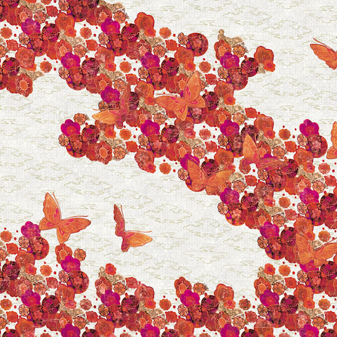 Decoratief Elitis-TP-284-03 patroon met oranje vlinders en rode bloemen tegen een lichte achtergrond.