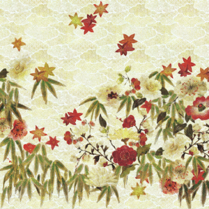 Decoratief patroon Elitis-TP-287-01 met herfstbladeren, bamboe en bloemen op een lichte achtergrond met wolkendesign.