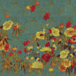 Decoratief patroon Elitis-TP-287-02 met kleurrijke bloemen en bladeren op een blauwgroene achtergrond.