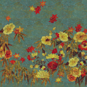 Decoratief patroon Elitis-TP-287-02 met kleurrijke bloemen en bladeren op een blauwgroene achtergrond.