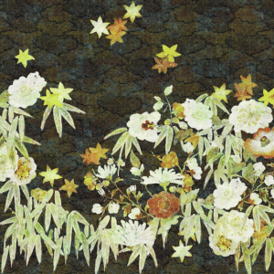 Bloemenpatroon Elitis TP 287 03 met sierlijke witte en gele bloemen, bamboebladeren en sterren op een donkere achtergrond.