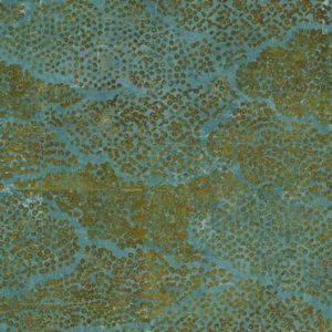 Abstract patroon van de Elitis-TP-288-02 wandbekleding met organische vormen in turquoise en bronstinten.
