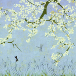 Illustratie van bloeiende takken met witte bloemen, libellen en sierlijk gras op een lichtblauwe achtergrond, uit het Elitis-TP-289-01 ontwerp.