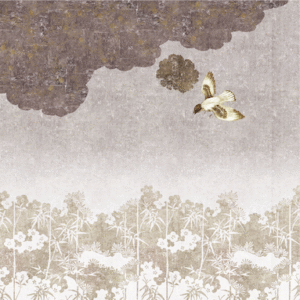 Illustratie van een vogel die onder een donkere wolk boven een gestileerd bloemenlandschap vliegt, uit het Elitis-TP-291-03 ontwerp.