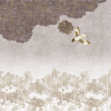 Illustratie van een vogel die onder een donkere wolk boven een gestileerd bloemenlandschap vliegt, uit het Elitis-TP-291-03 ontwerp.