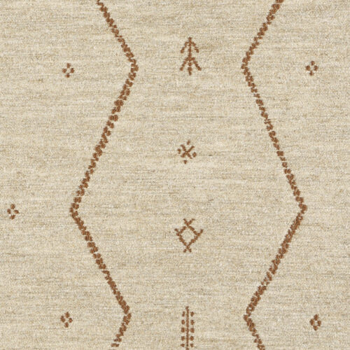 Beige Elitis Tampico LR 355 05 stof met bruine, geometrische en etnisch geïnspireerde patronen.