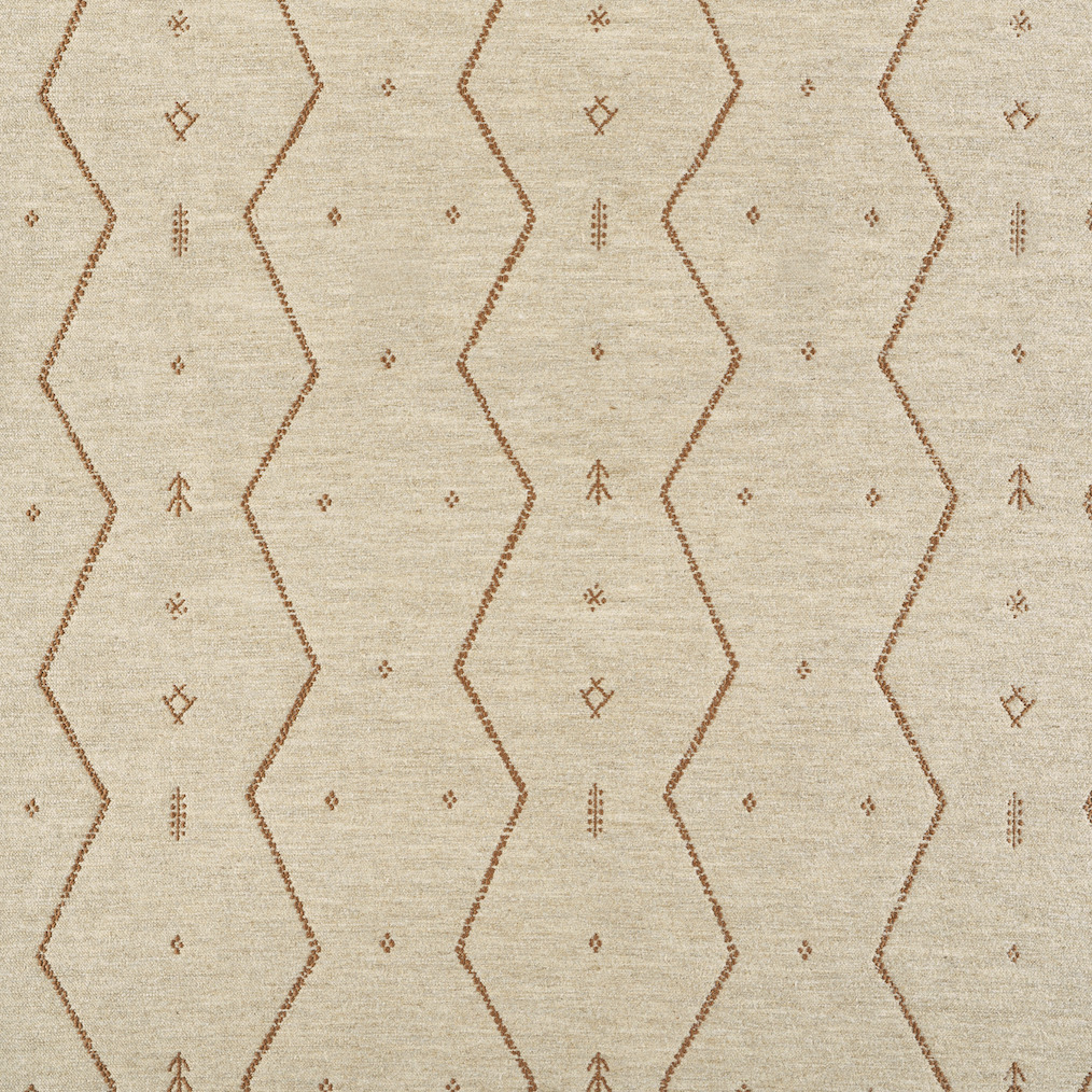 Beige Elitis Tampico-stof LR 355 05 met een geometrisch zigzagpatroon in bruin.