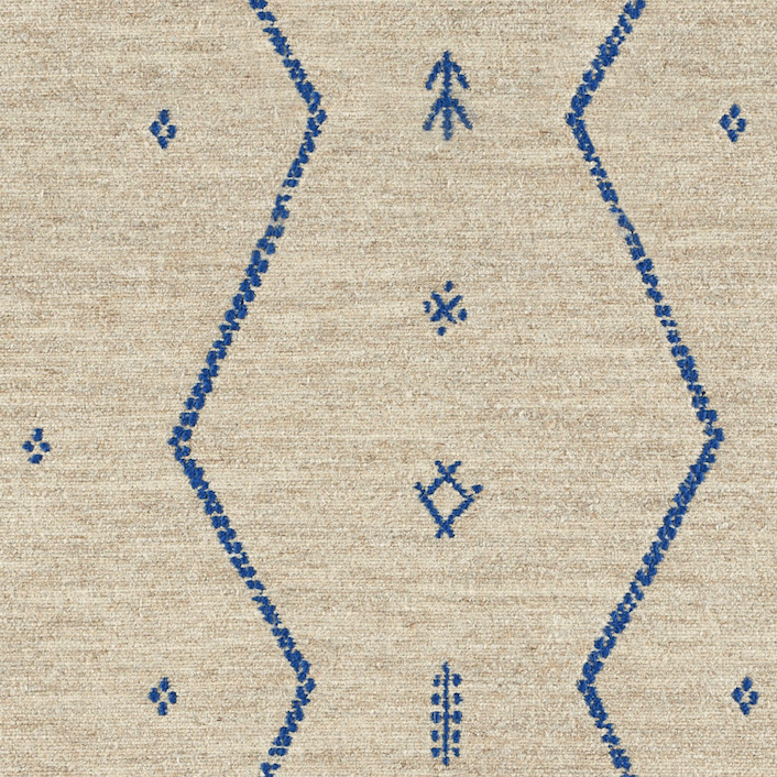Beige Elitis Tampico LR 355 41 stof met blauwe, geometrische en etnische patronen.