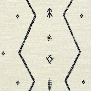 Lichtbeige Elitis Tampico LR 355 80-stof met zwart geometrisch en etnisch patroon.