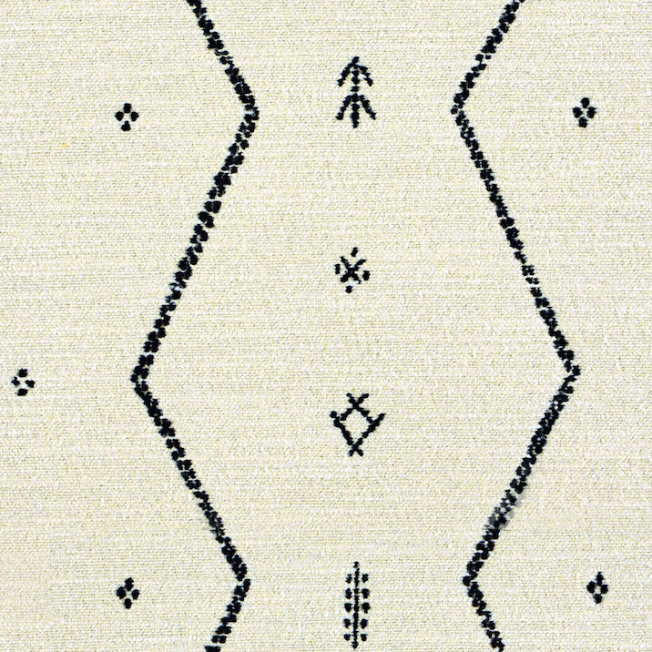 Lichtbeige Elitis Tampico LR 355 80-stof met zwart geometrisch en etnisch patroon.