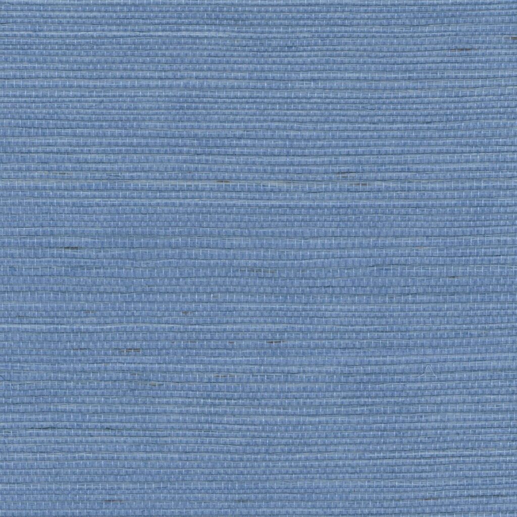 Detailopname van het blauwe, fijn geweven sisalbehang Elitis Tribus RM 1069 41.