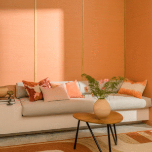 Moderne woonkamer met Elitis Tribus sisal muurafwerking in warme perzikkleur, een lichtgrijze bank met sierkussens en een houten salontafel met vaas.