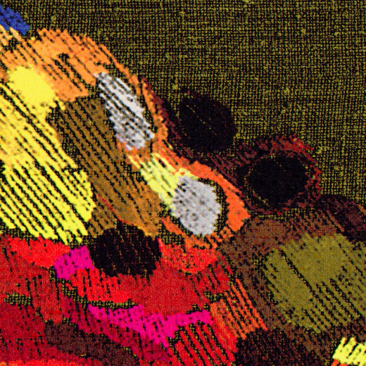 Detail van het Elitis Zakinthos VP 956 01 panorama behang met kleurrijk, abstract borduurpatroon op textielstructuur.