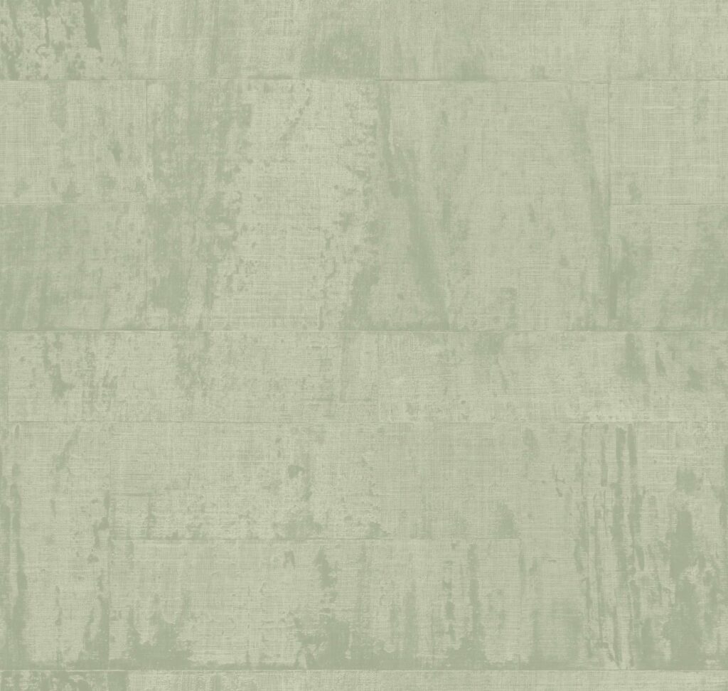 Lichtgroen Elitis Atelier d'Artiste VP 880 46 behang met een verweerd, textielachtig patroon.