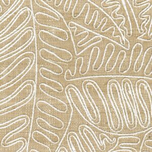 Beige Elitis Baleares Anita LZ 900 02 stof met wit geborduurd abstract bladpatroon.