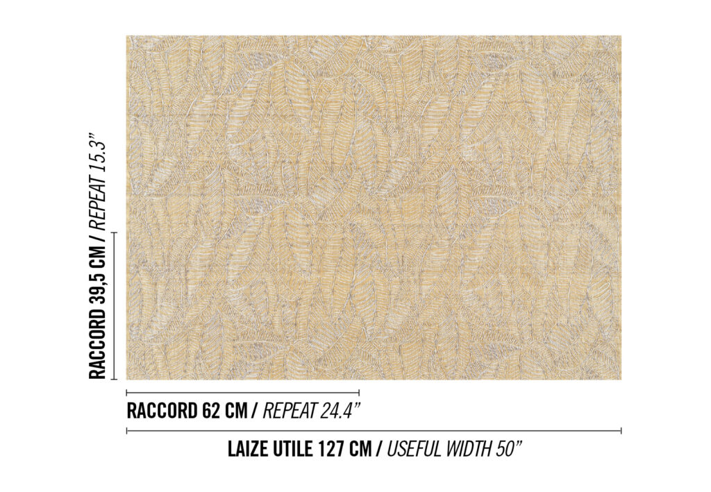 Beige Elitis Baleares Anita LZ 900 02 stof met fijn bladpatroon en aangegeven afmetingen.