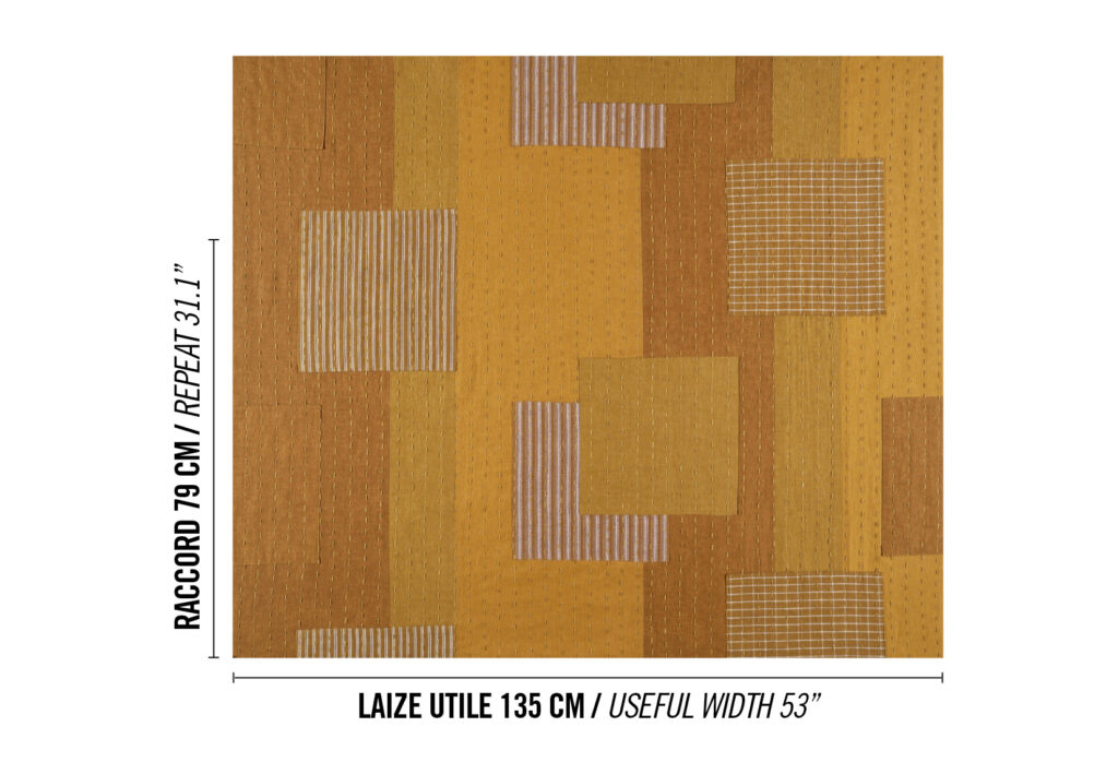 Patroon van Elitis Baleares Costa LZ 902 05 met geometrische vlakken in warme aardetinten en textiele texturen.