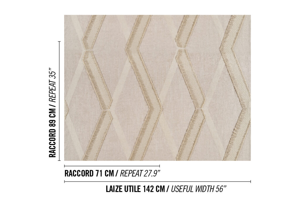 Beige textielpatroon Elitis Baleares Duna JA 003 05 met verticale zigzagvormen en afmetingen in centimeters en inches.