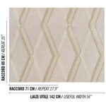 Beige textielpatroon Elitis Baleares Duna JA 003 05 met verticale zigzagvormen en afmetingen in centimeters en inches.