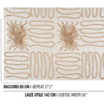 Beige textiel met geborduurd zonachtig patroon en golvende lijnen in natuurkleuren, afkomstig uit het Elitis Baleares Paloma LZ 898 01 ontwerp.