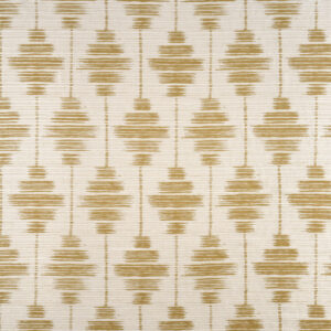 Beige textielpatroon met symmetrische goudbruine vormen uit de Elitis Baleares Talaia LZ 903 29 collectie.