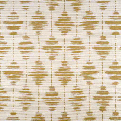 Beige textielpatroon met symmetrische goudbruine vormen uit de Elitis Baleares Talaia LZ 903 29 collectie.