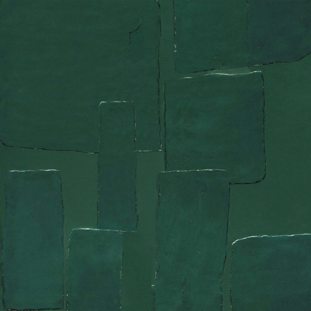 Donkergroen Elitis-behang uit de Art Paper Amami collectie met een abstract patroon van rechthoekige vlakken.