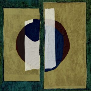 Abstract Elitis-behang uit de Art Paper IZU RM 1030-05 collectie met geometrische vormen in aardetinten en donkergroen.