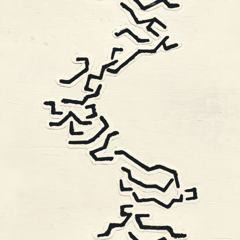 Abstract Elitis-behang met reliëfstructuur en zwarte geometrische lijnen op een beige achtergrond.
