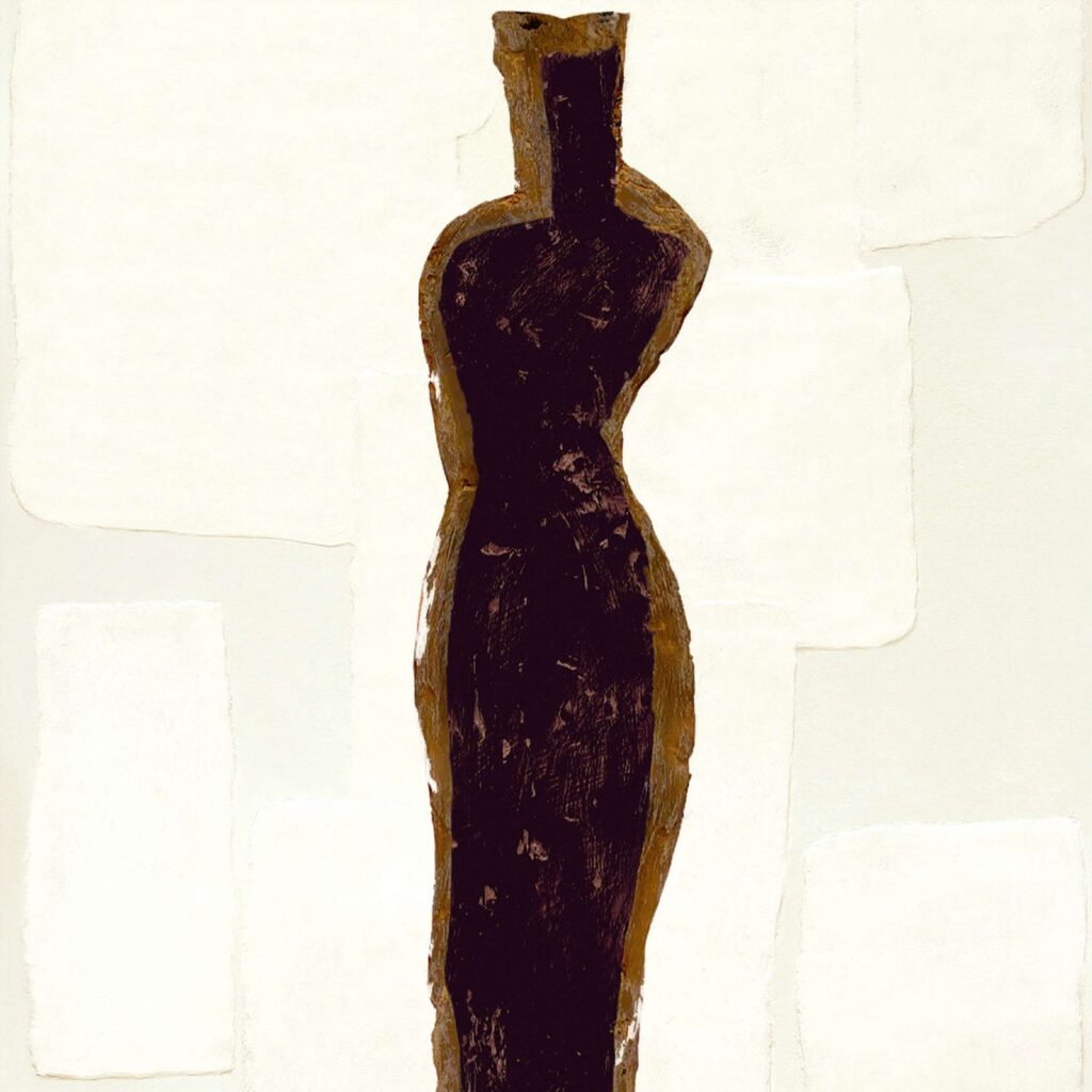 Abstracte silhouet van een vrouwelijke figuur op Elitis-behang Art Paper Naushima RM 1031 01 met neutrale achtergrond.
