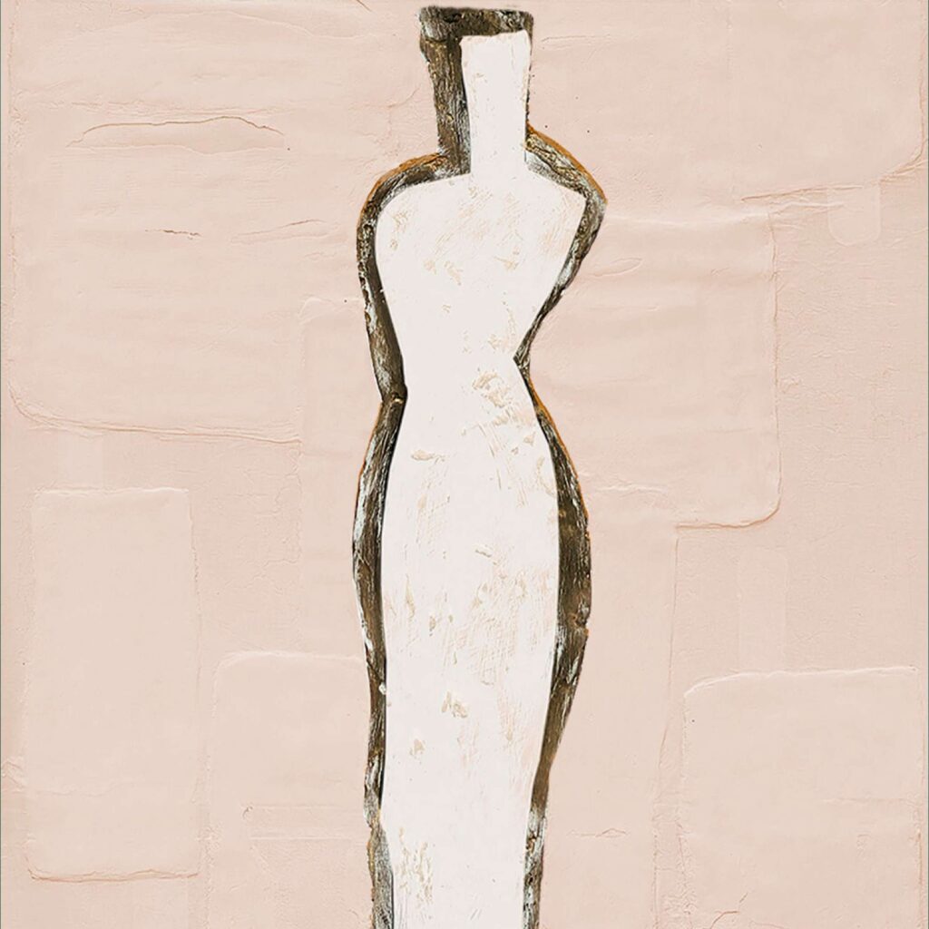 Abstracte silhouet van een gestileerd vrouwenfiguur op roze Elitis-behang Art Paper Naushima RM 1031 03.