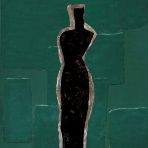 Abstracte silhouet van een gestileerd vrouwelijk figuur in zwart op donkergroene Elitis-behangtextuur uit de Art Paper Naushima RM 1031 06-serie.