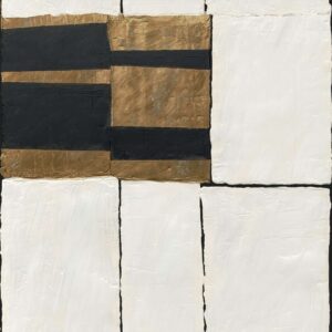 Abstract Elitis-behang uit de Art Paper Okinawa collectie met rechthoekige vlakken in wit, zwart en goud.