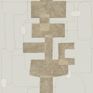 Abstract patroon uit de Elitis-behangcollectie Cuzco TP 332 met geometrische vormen in beige en zachte lijnen op een lichtgrijze achtergrond.